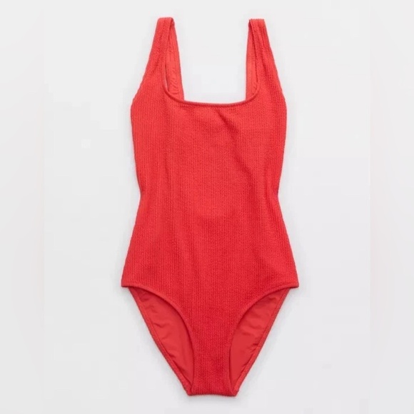AERIE crinkle scoop one piece swimsuit textured bathing suit resort red EUC sz L - Picture 3 of 14